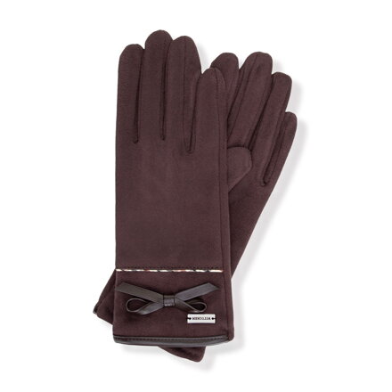 Damskie rękawiczki z kokardą i delikatnym przeszyciem brązowe 39-6P-041-4