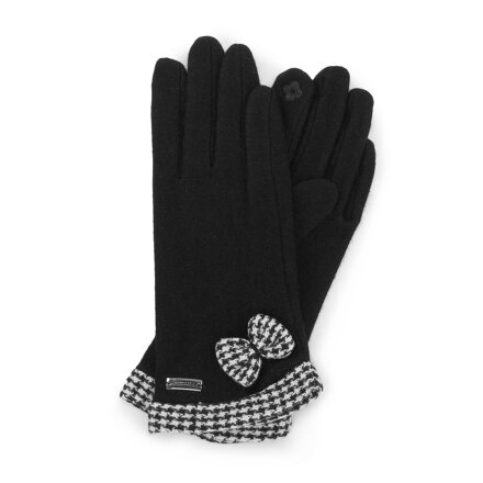 Damskie rękawiczki z kokardą w pepitkę czarne 47-6-205-1