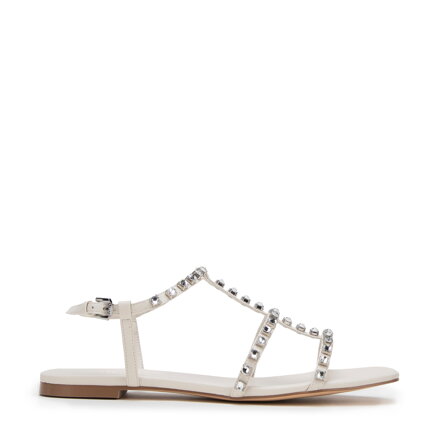 Damskie sandały skórzane z kryształkami kremowe 98-D-972-0