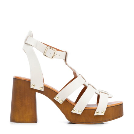 Damskie sandały skórzane z plecionką kremowe 96-D-252-0