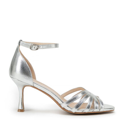 Damskie sandały ze skóry na szpilce srebrne 100-D-509-S