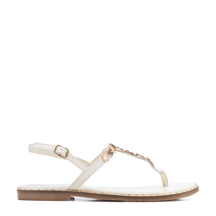 Damskie sandały ze skóry naturalnej z ozdobami kremowe 100-D-703-0