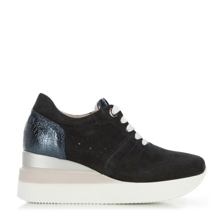 Damskie sneakersy zamszowe na koturnie w pasy ciemny granat 95-D-654-N