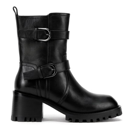 Damskie sztyblety ze skóry z klamrami czarne 99-D-966-1