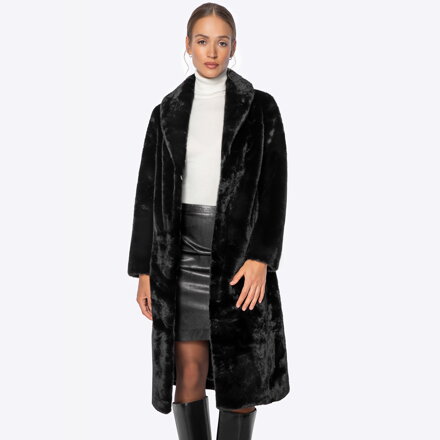 Długi damski płaszcz ze sztucznego futra czarny 101-9W-004-1