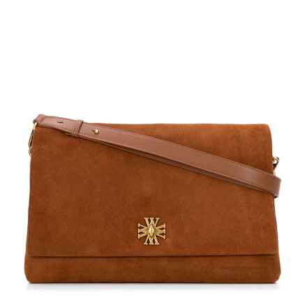 Dwukomorowa listonoszka ze skóry zamszowej jasny brąz 101-4E-618-5