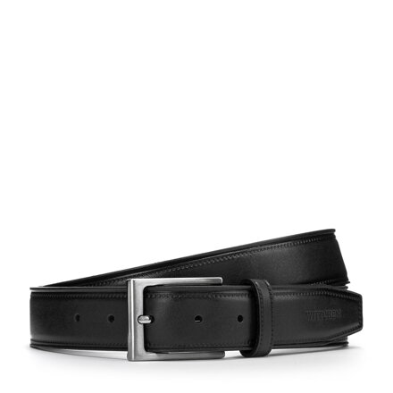 Čierny elegantný pánsky kožený opasok s geometrickou prackou 103-8M-106-1
