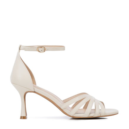 Eleganckie damskie sandały ze skóry naturalnej na szpilce kremowe 102-D-500-0