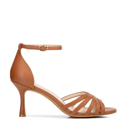 Eleganckie damskie sandały ze skóry naturalnej na szpilce jasny brąz 102-D-500-4