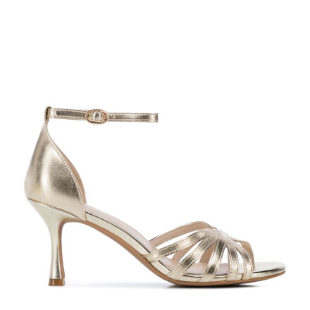 Eleganckie damskie sandały ze skóry naturalnej na szpilce złote 102-D-500-G