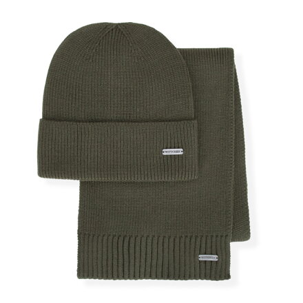 Klasyczny męski komplet: czapka i szalik khaki 101-SF-009-Z Klasyczny męski komplet: czapka i szalik khaki 101-SF-009-Z