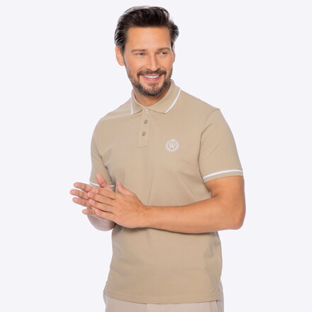 Koszulka polo męska bawełniana z lamówkami beżowo - biała M0-99-102-9