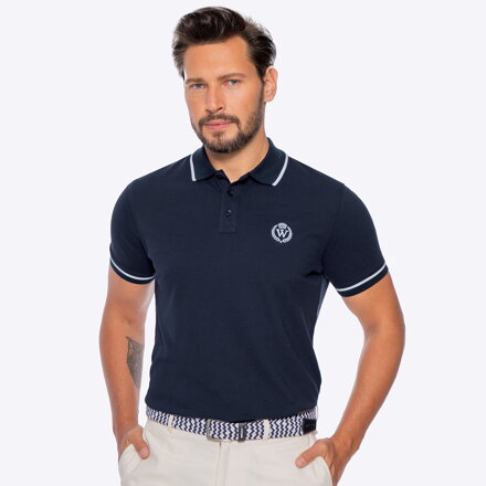 Koszulka polo męska bawełniana z lamówkami granatowo - biała M0-99-102-N