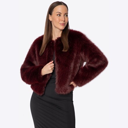 Krótka kurtka damska ze sztucznego futra bordowa 101-9W-505-3