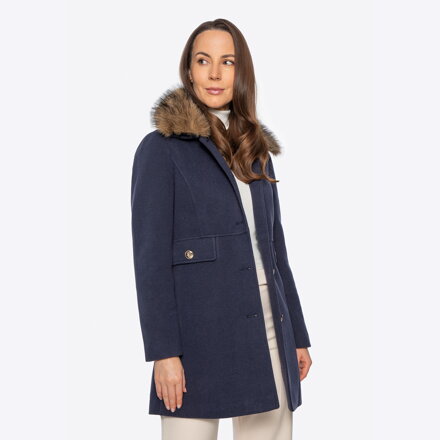 Krótki płaszcz damski z futerkowym kołnierzem granatowy 101-9X-302-N