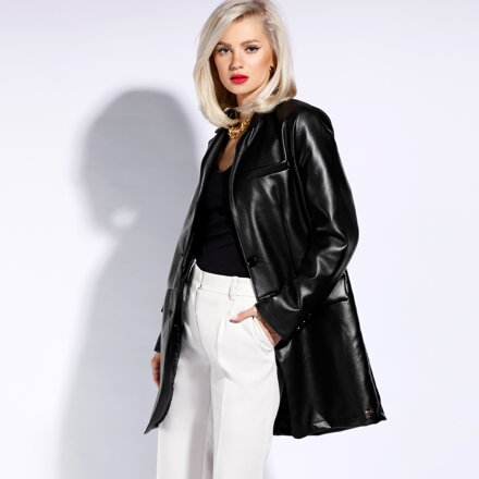 Dámske čierne dlhé sako z ekologickej kože 96-9P-106-1