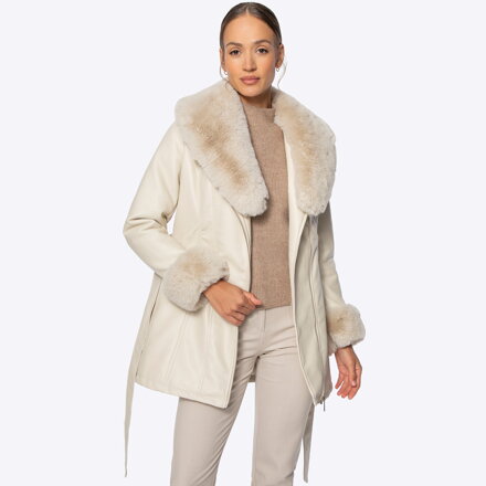 Kurtka damska z ekoskóry z futrzanym kołnierzem i mankietami kremowa 101-9P-101-0