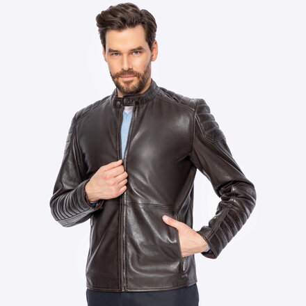 Męska kurtka ze skóry owczej z przeszyciami ciemny brąz 100-09-410-4