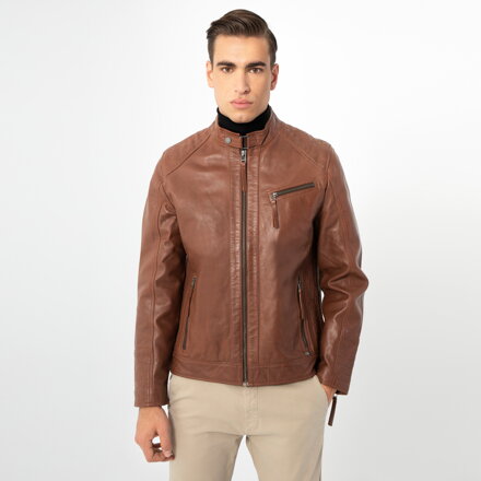 Męska kurtka skórzana z pionowymi przeszyciami i stójką ciemny brąz 97-09-253-4