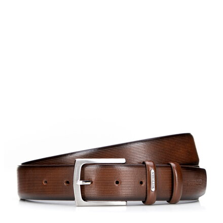Męski pasek z naturalnej skóry z tłoczeniem w drobne linie brązowy 101-8M-209-5