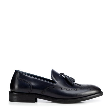 Męskie mokasyny ze skóry z perforacjami granatowe 100-M-510-5