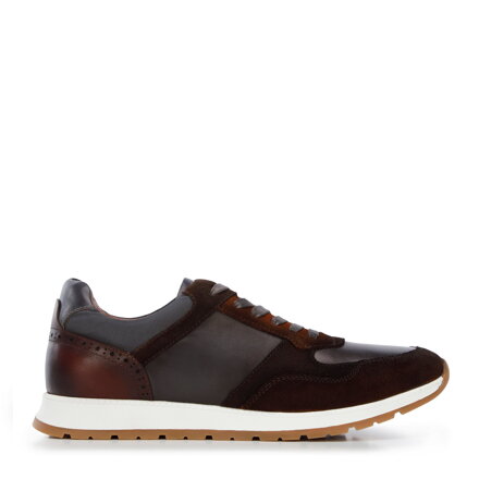 Męskie sneakersy z dwóch rodzajów skór cieniowane brązowo-szare 96-M-711-4