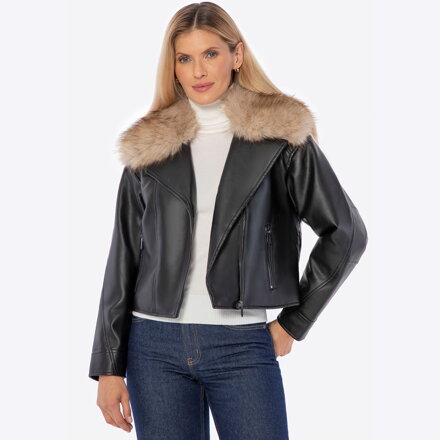 Ocieplana damska ramoneska z futrzanym kołnierzem czarna 102-9P-300-1