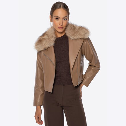 Ocieplana damska ramoneska z futrzanym kołnierzem beżowa 102-9P-300-9