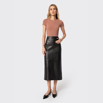 Długa ołówkowa spódnica ze skóry naturalnej czarna 29-09-403-1