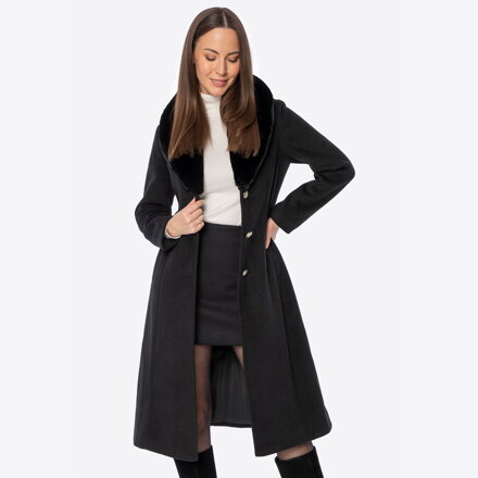 Dámsky čierny kabát s odnímateľnou umelou kožušinou 101-9X-301-1