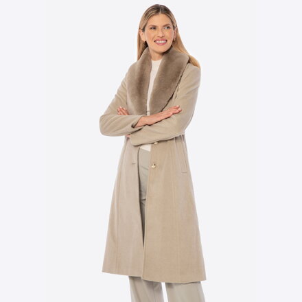 Damski płaszcz z odpinanym sztucznym futerkiem ciemny beż 101-9X-301-9