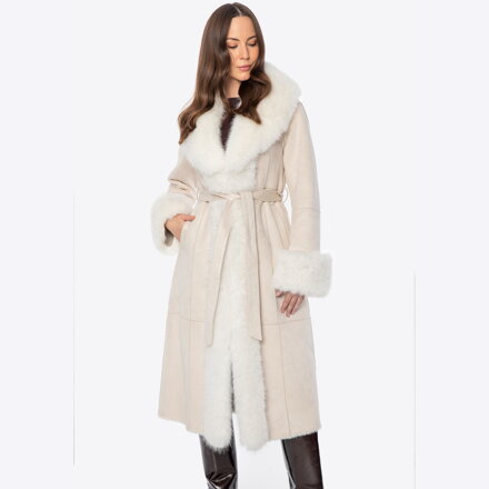 Płaszcz damski z obszyciem ze sztucznego futra kremowy 101-9W-003-0