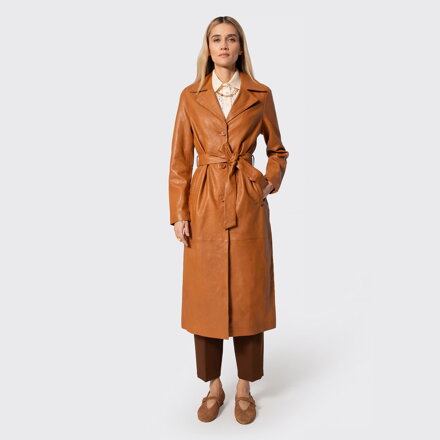 Damski płaszcz ze skóry owczej długi brązowy 100-09-415-5