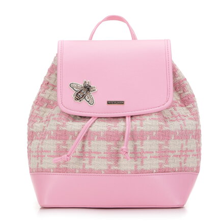 Damski plecak z tkaniny w kratę z błyszczącym owadem różowy 98-4Y-209-R