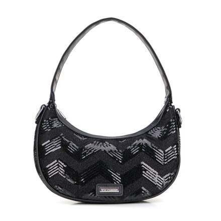 Półokrągła listonoszka z imitacji skóry z cekinami czarna 101-4Y-412-1