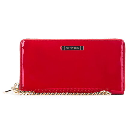 Damski portfel skórzany lakierowany na łańcuszku 26-1L-427-3