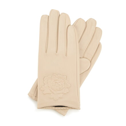 Damskie rękawiczki skórzane z wytłoczoną różą beżowe 45-6-523-9