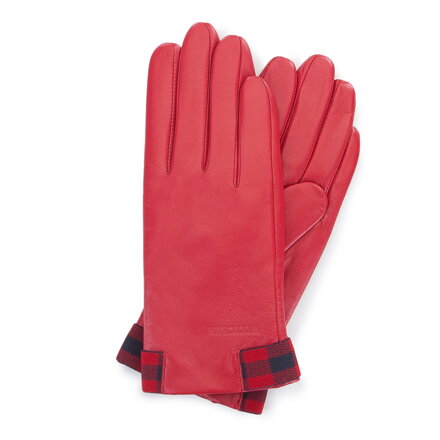 Damskie rękawiczki skórzane ze wstawkami w kratę czerwono-granatowe 39-6-642-3