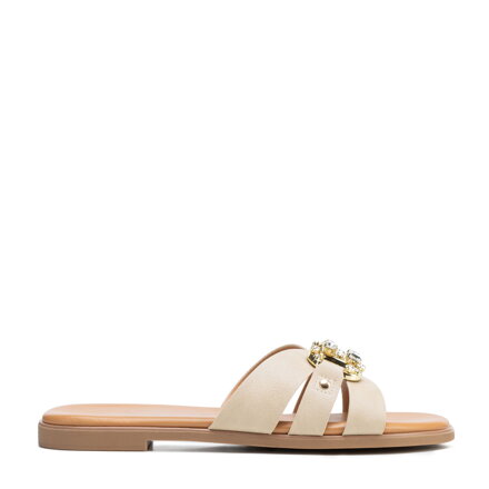 Damskie klapki z imitacji skóry z dekoracyjną klamrą beżowe 100-DP-205-9