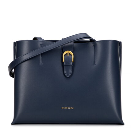 Skórzana shopperka z dekoracyjnym zapięciem granatowa 101-4E-600-7