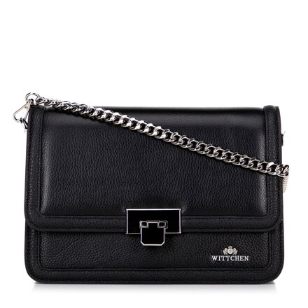 Kožená crossbody kabelka s retiazkou, čierna a strieborná 100-4E-206-1S
