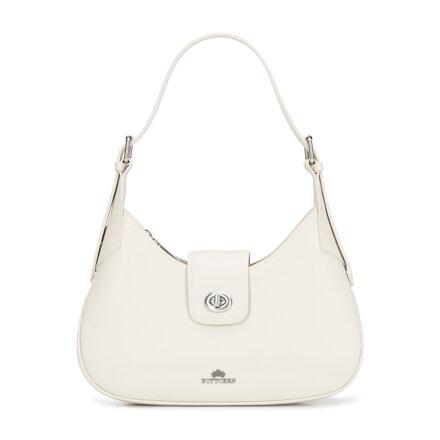 Skórzana torebka na ramię z odpinanym paskiem kremowo - srebrna 101-4E-209-0S