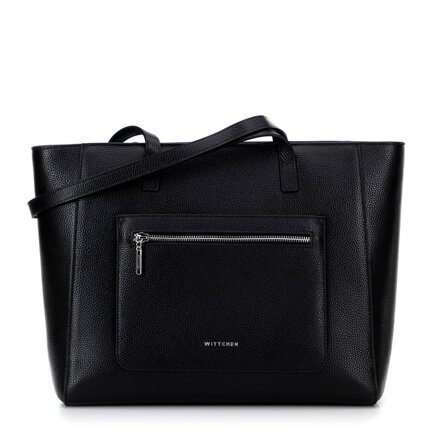 Kožená shopper kabelka s vreckami vpredu, čierna so strieborným logom 100-4E-620-1S