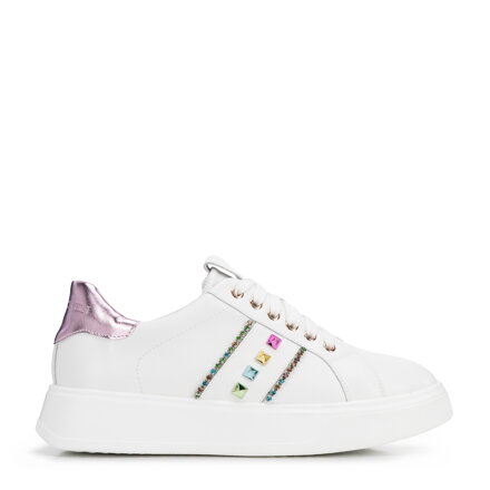 Sneakersy z imitacji skóry z ozdobami biało - różowe 100-DP-500-P