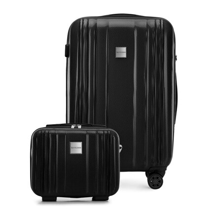 Średnia walizka i kosmetyczka z polikarbonu tłoczone czarne 56-3P-302-10K