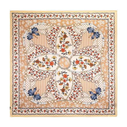 Jedwabna chusta damska w kwiatowy wzór beżowa 103-7D-S02-X1