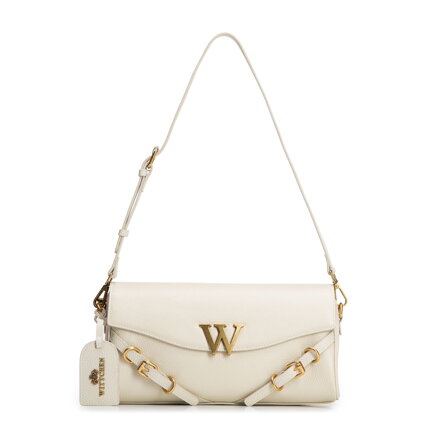 Torebka bagietka ze skóry naturalnej z ozdobnymi paskami kremowa 101-4E-211-0