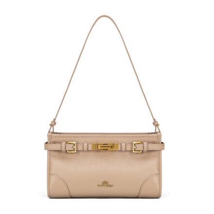 Torebka na ramię ze skóry naturalnej o fakturze groszkowej beżowa 101-4E-208-9