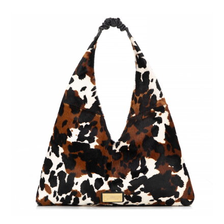 Torebka na ramię ze skóry naturalnej w zwierzęcy print czarno - kremowa 102-4E-006-14