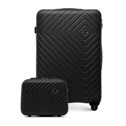 Duża walizka i kosmetyczka z ABS-u z geometrycznym tłoczeniem czarne 56-3A-753-11K